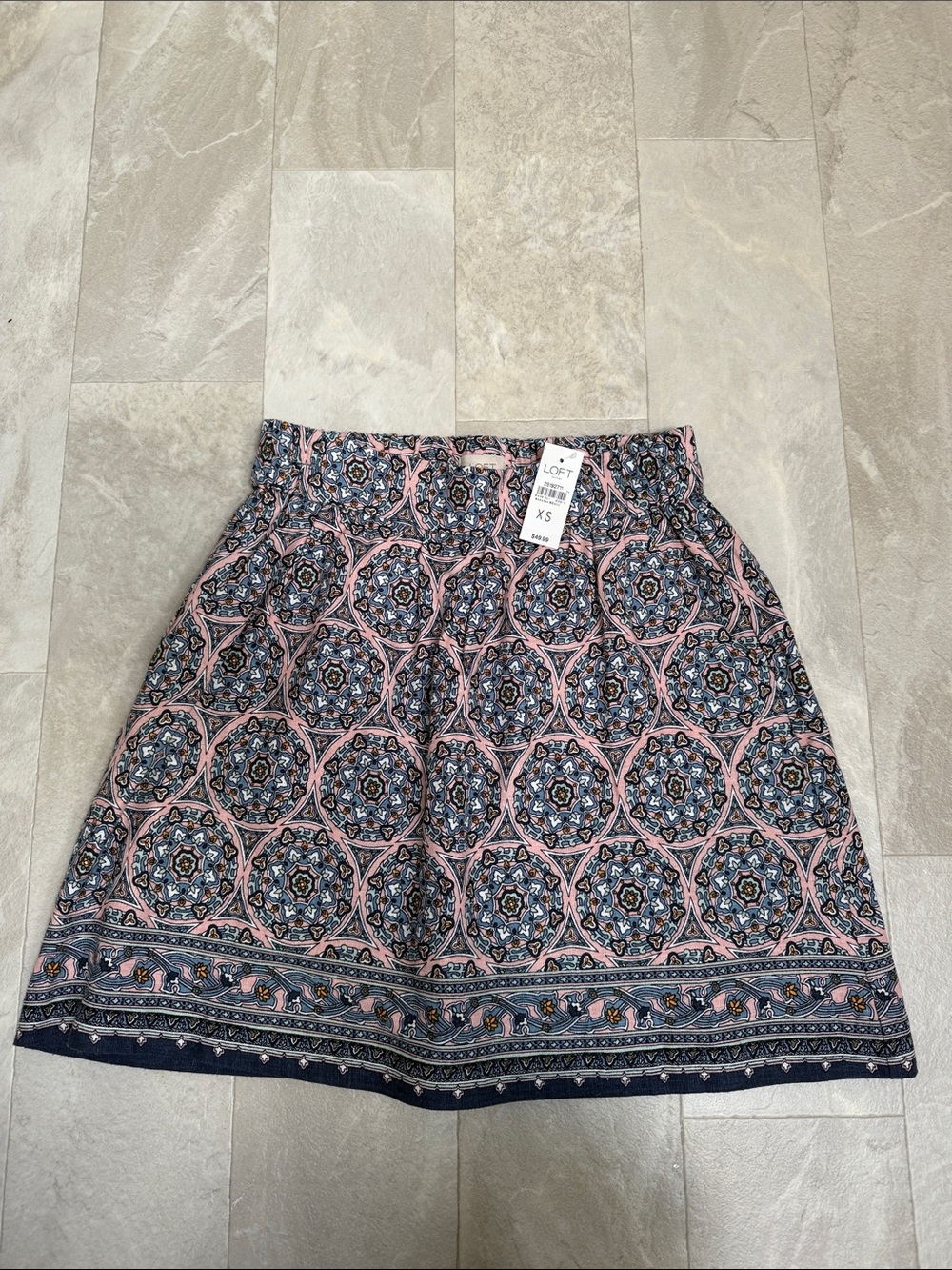 LOFT Pink and Navy Medallion Skater Skirt